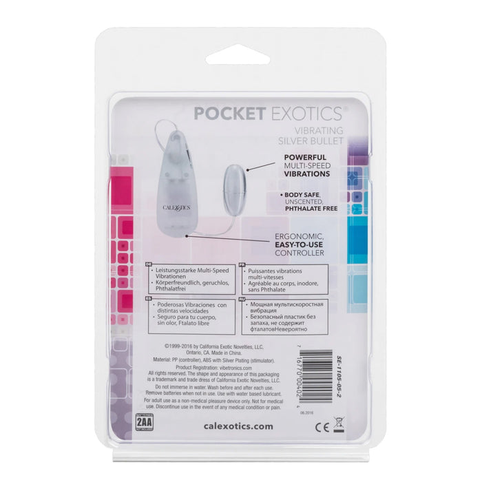 CalExotics Pocket Exotics Vibrating Silver Bullet in its original blister packaging, showing the silver bullet device and its features.