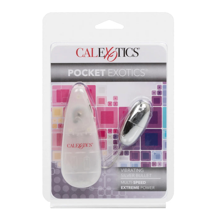 CalExotics Pocket Exotics vibrating silver bullet in its original blister card packaging, featuring a clear plastic body and a metallic silver bullet.