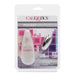 CalExotics Pocket Exotics vibrating silver bullet in its original blister card packaging, featuring a clear plastic body and a metallic silver bullet.