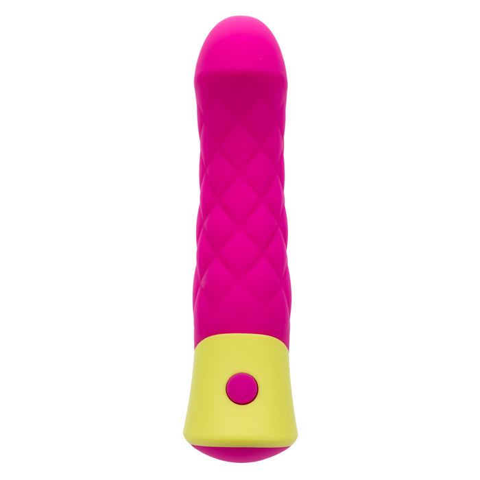 Hot pink and yellow silicone G-spot vibrator with quilted design