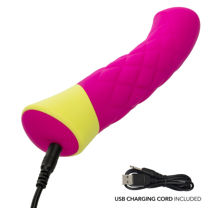 Hot pink and yellow silicone G-spot vibrator with quilted design and USB charging cord