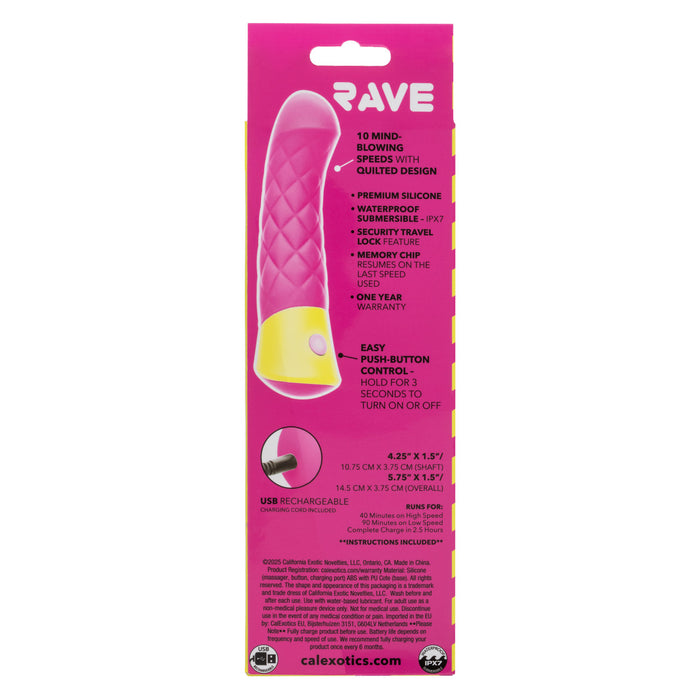 Back of product packaging for Rave Quilted G vibrator