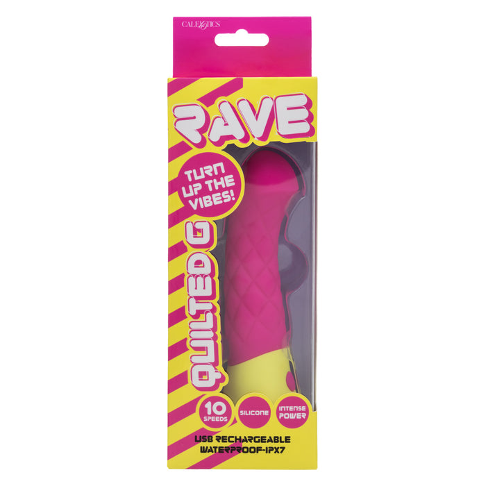 Front of product packaging for Rave Quilted G vibrator