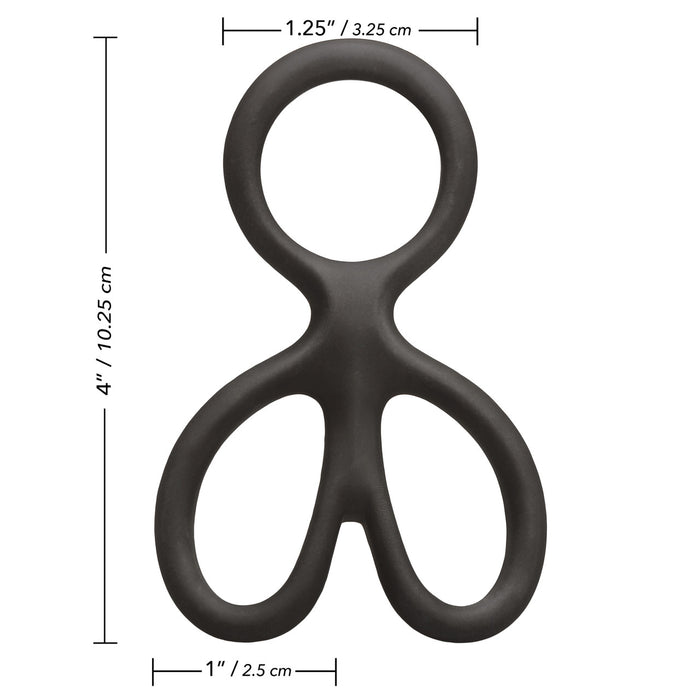 Black silicone ball spreader with measurements on a white background