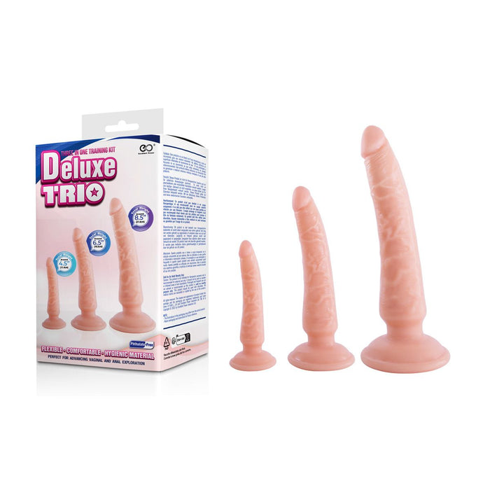 Deluxe Trio product packaging with three beige dildos with suction cup bases in graduated sizes on a white background