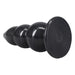 A black PVC butt plug with a flared circular base and a tapered, ribbed shaft, shown on a plain white background.