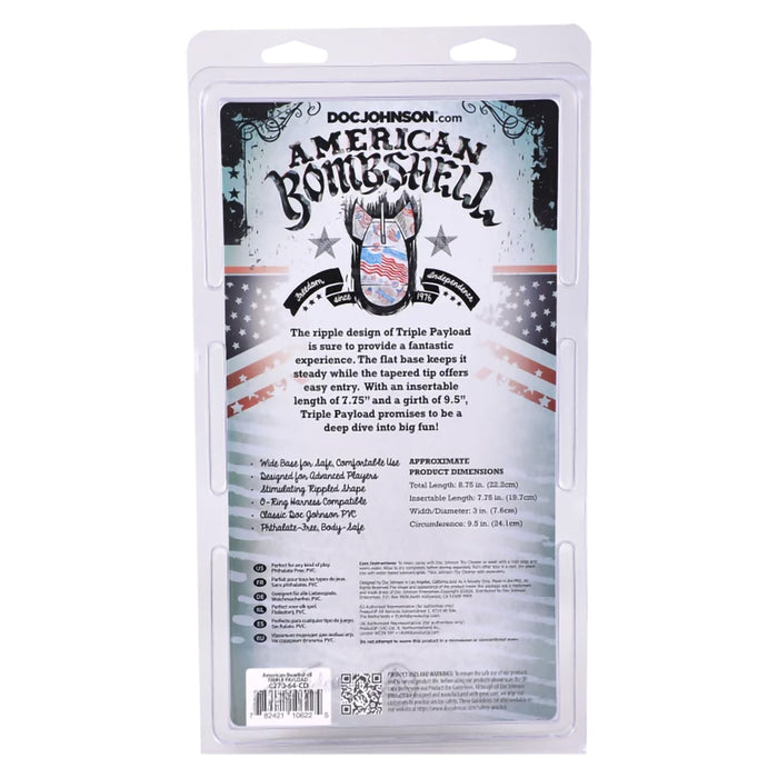 Back of packaging for Doc Johnson American Bombshell Triple Payload butt plug