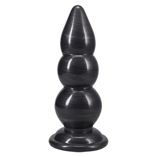 A black PVC butt plug with a tiered, stacked design and a flared base, shown against a plain white background.