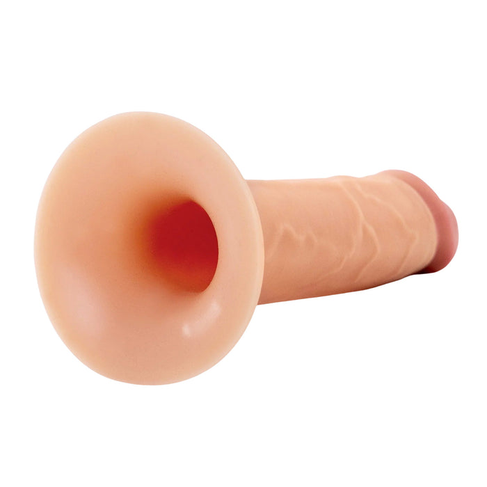Rear view of realistic hollow beige silicone dildo