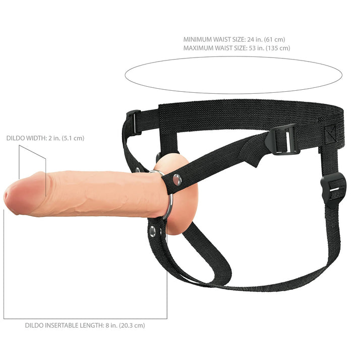 Black nylon harness with realistic beige dildo, showing measurements on a white background