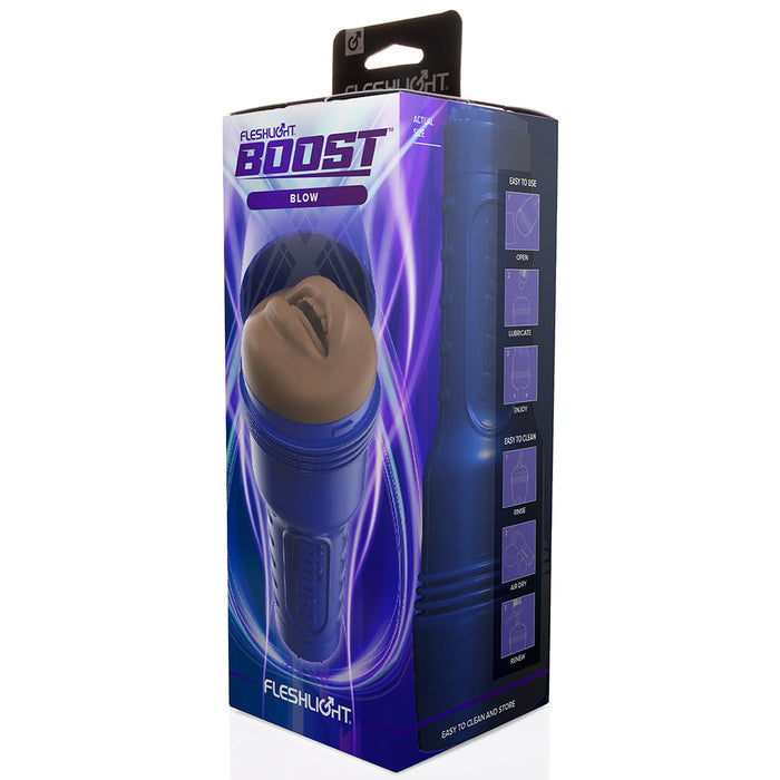 Box for Fleshlight Boost Blow medium dark male masturbator on white background