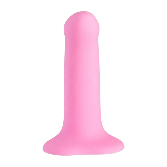 Smooth pink silicone dildo on a white background
