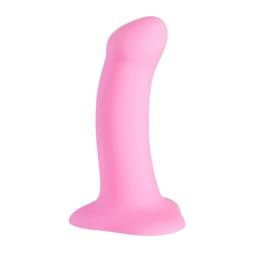 Smooth pink silicone dildo on a white background