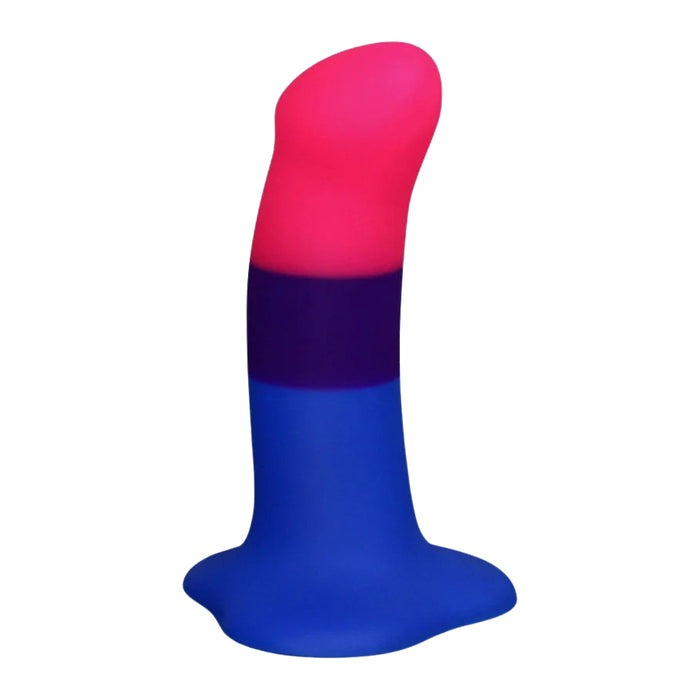 Silicone dildo with pink top and blue bottom on a white background