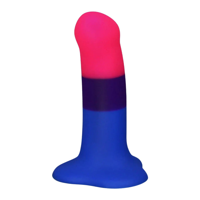 Silicone dildo with pink top and blue bottom on a white background