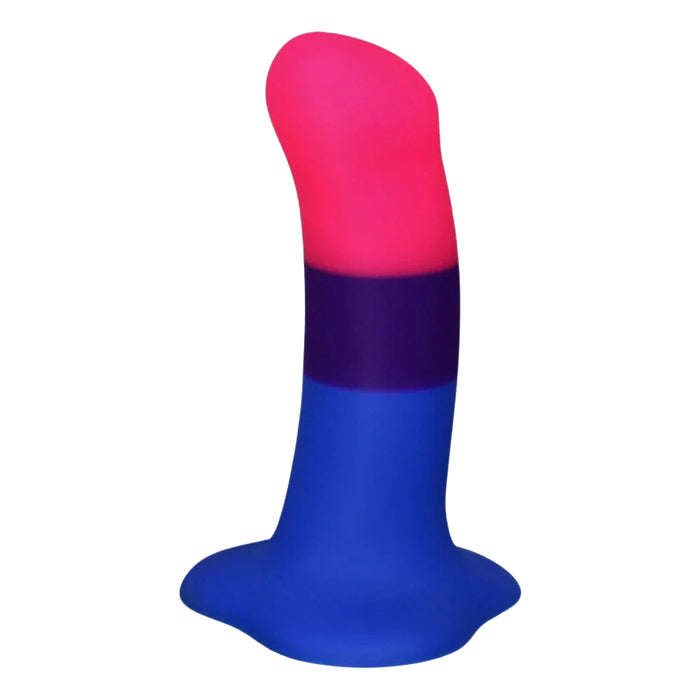 Silicone dildo with pink top and blue bottom on a white background