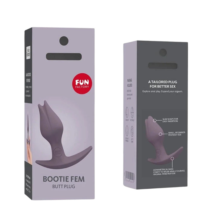Front and back of box packaging for Bootie Fem Butt Plug by Fun Factory on a white background