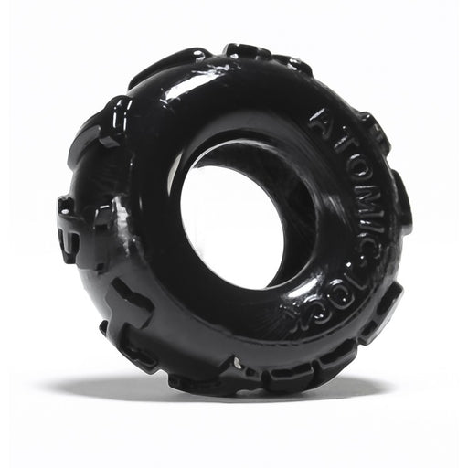 Textured black cock ring with 'Atomic Jock' branding, on a white background with a shadow