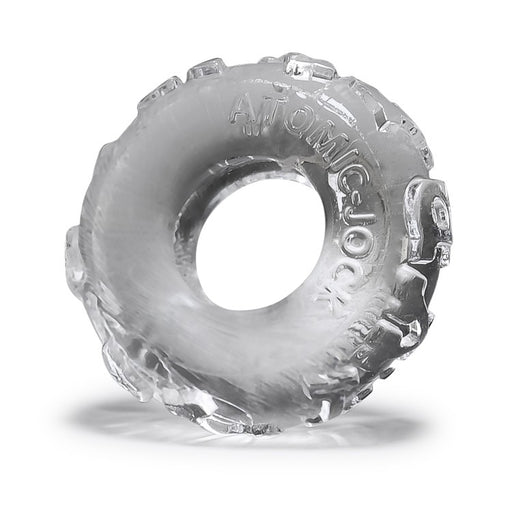 Clear textured jelly cock ring with 'Atomic Jock' lettering on a white background