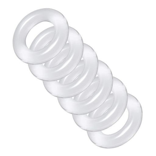 Set of six clear ball stretcher cock rings on a white background