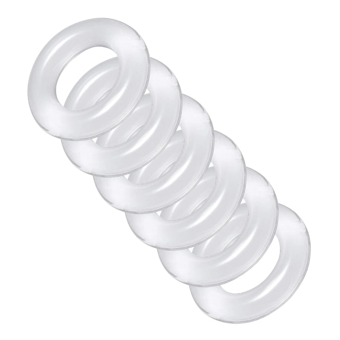 Set of six clear ball stretcher cock rings on a white background