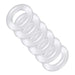 Set of six clear ball stretcher cock rings on a white background