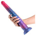NSN-0412-22 Colours Stacked 12 Inch Ribbed Silicone Dildo Pink/Blue held in hand