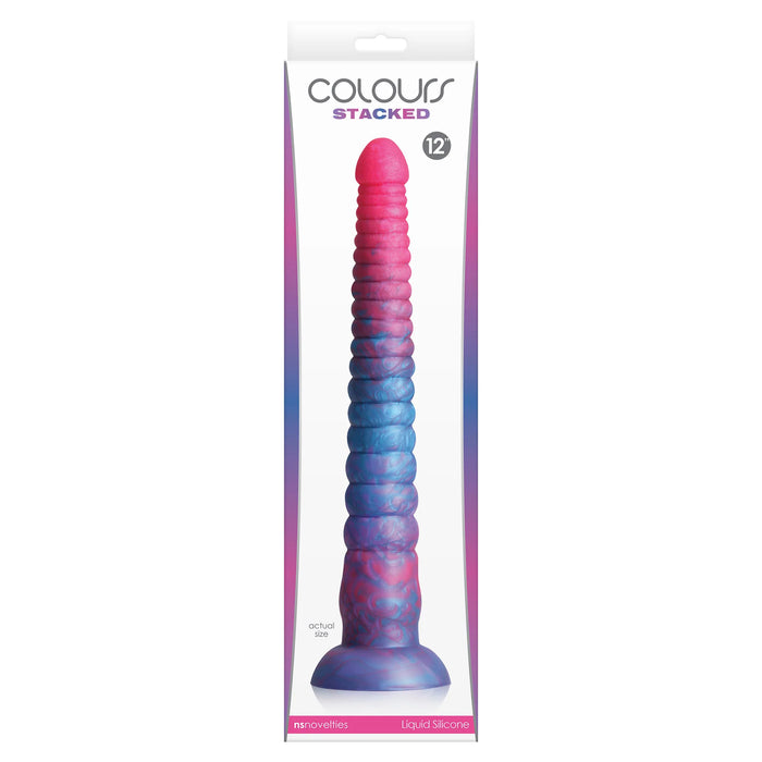NSN-0412-22 Colours Stacked 12 Inch Ribbed Silicone Dildo Pink/Blue Package Front