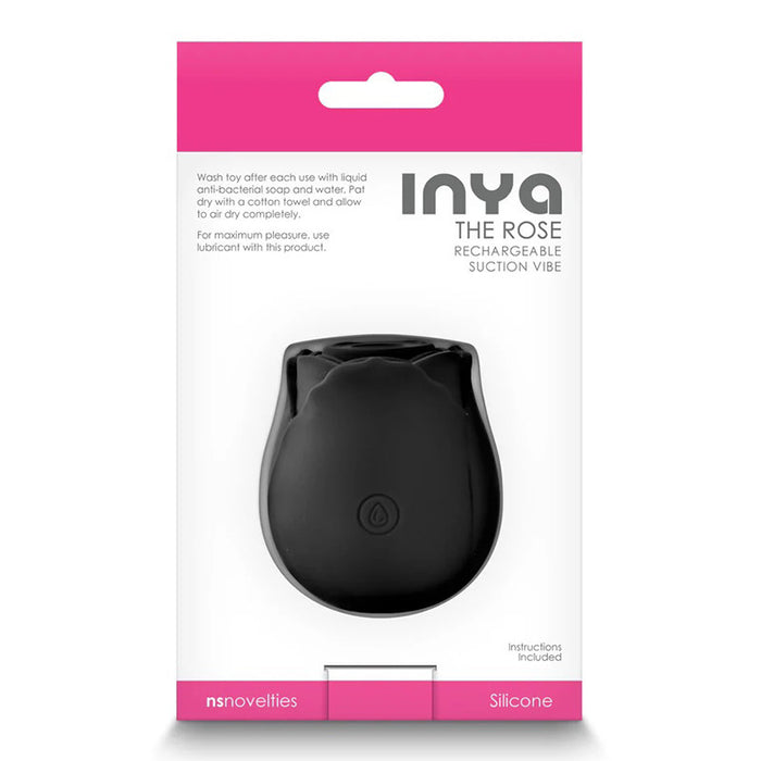 Black rechargeable suction vibe packaging with pink and white label on a white background