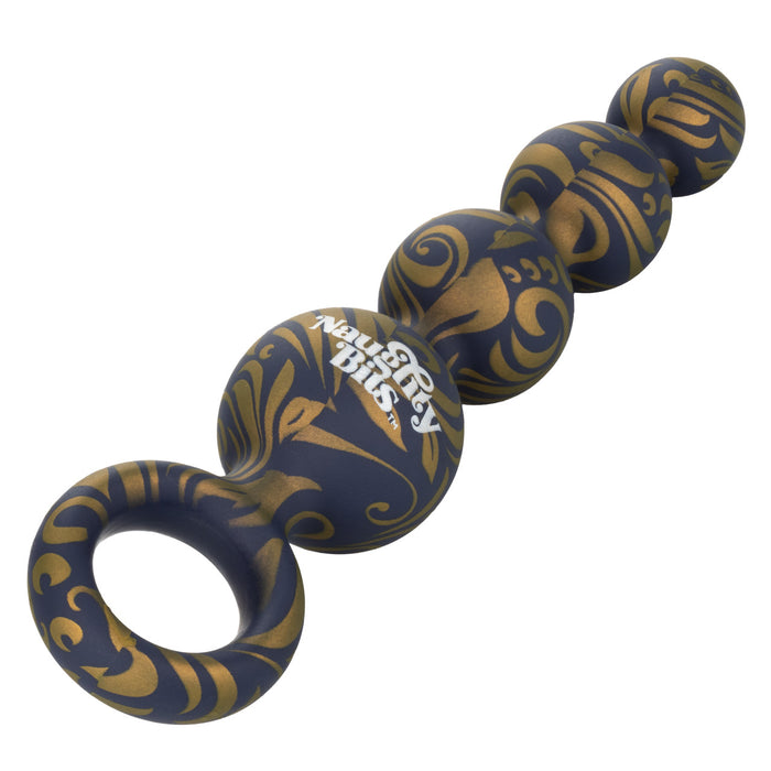 Blue and gold swirl silicone anal beads with loop handle and 'Naughty Bits' branding on a white background