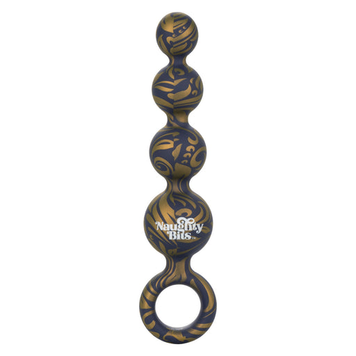 Blue and gold swirl silicone anal beads with loop handle and 'Naughty Bits' branding on a white background