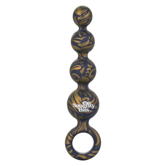 Blue and gold swirl silicone anal beads with loop handle and 'Naughty Bits' branding on a white background