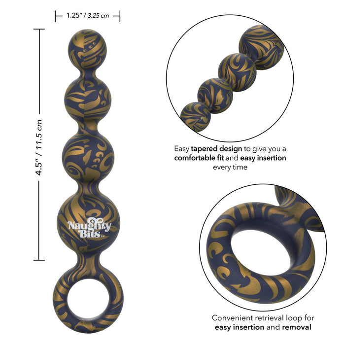Blue and gold swirl silicone anal beads with loop handle and 'Naughty Bits' branding with product features and measurements on a white background