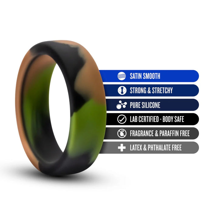 Camouflage-coloured cock ring with list of product features