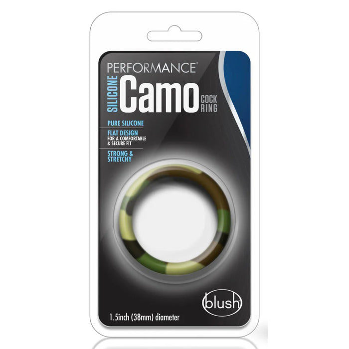 Front of product packaging for Performance Silicone Camo Cock Ring