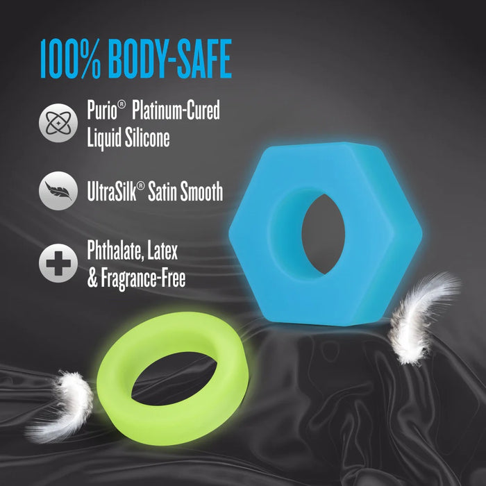 Blue and green silicone rings with feather accents on a black background, featuring '100% Body-Safe' text and product details.