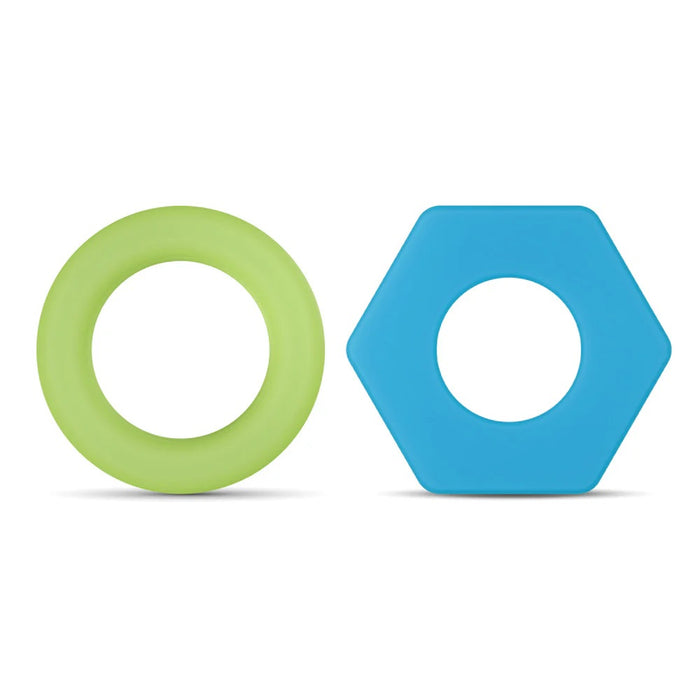 Green circular and blue hexagonal objects on a white background