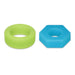 Green circular and blue hexagonal silicone rings on a white background