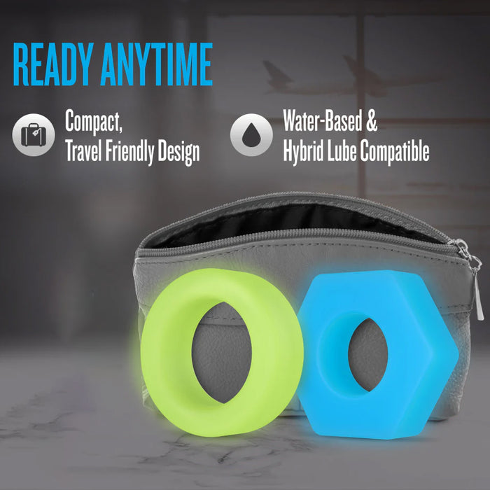 Two silicone rings, one green and one blue, in front of a gray pouch with text about travel friendliness and compatibility.