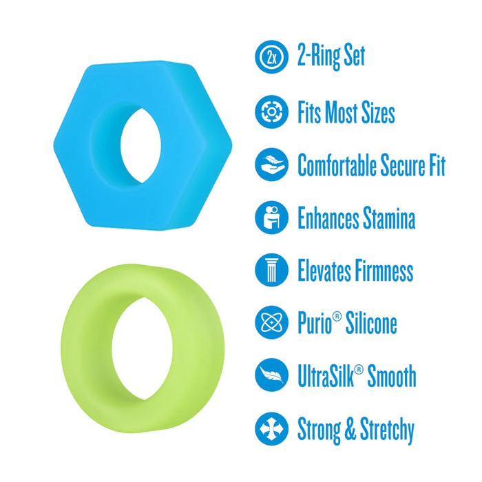 Two silicone rings, one blue and one green, with features listed on a white background.