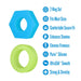 Two silicone rings, one blue and one green, with features listed on a white background.