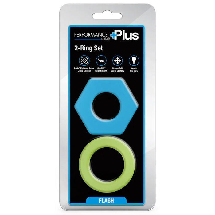 Performance Plus Flash packaged 2-ring cock ring set with blue and green rings on a white background