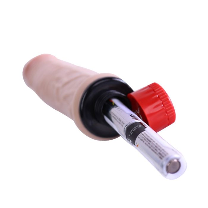 Close-up of battery compartment for Pure Love 6 Inch realistic vibrating dildo on a white background