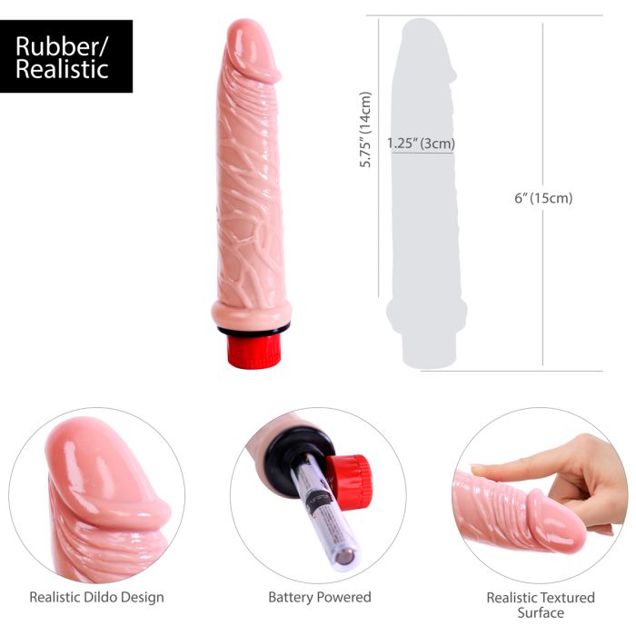 Product features and measurements for Pure Love 6 Inch realistic vibrating dildo on a white background