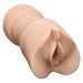 Realistic beige vagina-style male masturbator on a white background