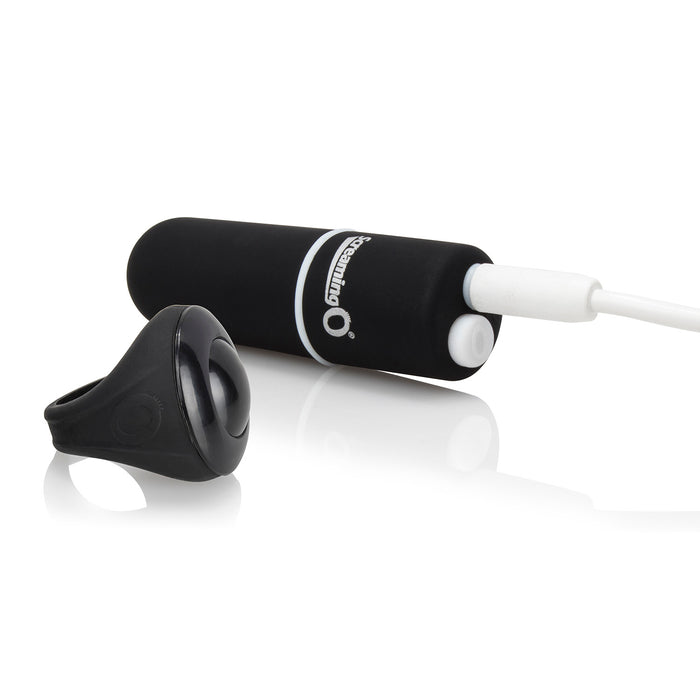 Black Screaming O vibrating bullet plugged in to charging cable with black ring remote control