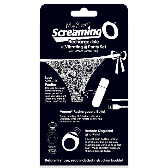 Back of packaging for Screaming O My Secret Rechargeable Vibrating Panty Set with Remote Control Ring