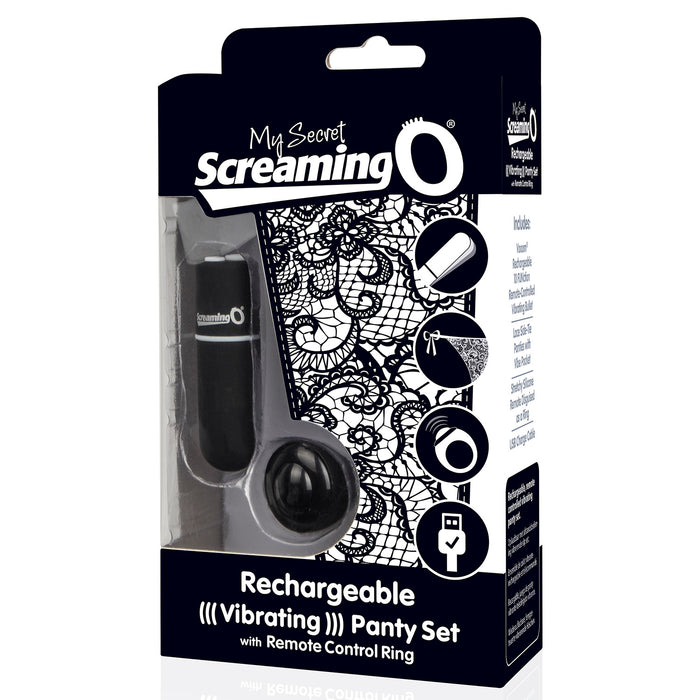 Front of packaging for Screaming O My Secret Rechargeable Vibrating Panty Set with Remote Control Ring