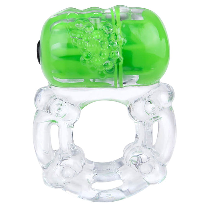 Clear textured TPE cock ring holding a green vibrating bullet on a white background