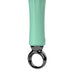 A close-up of a mint green textured handle with a glossy black ring-shaped end, shown against a plain white background.
